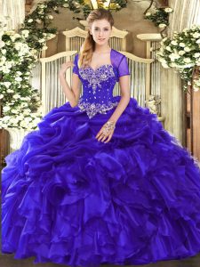 Purple Lace Up Sweetheart Beading and Ruffles and Pick Ups Quinceanera Gown Organza Sleeveless