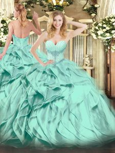 Stunning Turquoise Ball Gowns Sweetheart Sleeveless Organza Floor Length Lace Up Beading and Ruffles Sweet 16 Dresses