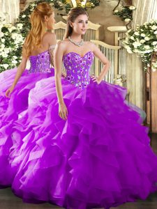 Glittering Purple Ball Gowns Organza Sweetheart Sleeveless Embroidery and Ruffles Floor Length Lace Up 15 Quinceanera Dress
