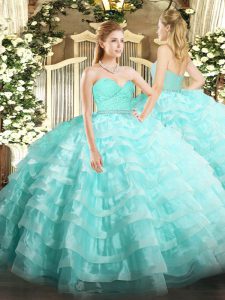 Fantastic Aqua Blue Quince Ball Gowns Military Ball and Sweet 16 and Quinceanera with Beading and Lace and Ruffled Layers Sweetheart Sleeveless Zipper