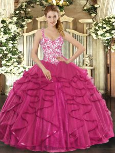 Best Selling Floor Length Hot Pink 15 Quinceanera Dress Tulle Sleeveless Beading and Appliques and Ruffles