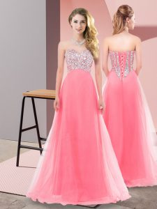 Super Sleeveless Tulle Floor Length Lace Up Dress for Prom in Watermelon Red with Beading