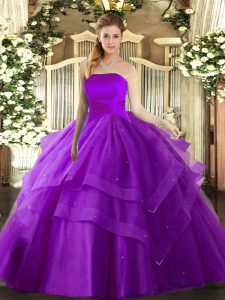 Exceptional Floor Length Lace Up Quinceanera Dress Eggplant Purple for Military Ball and Sweet 16 and Quinceanera with Ruffled Layers