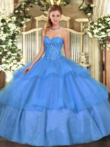 Colorful Baby Blue Sweetheart Neckline Beading and Ruffled Layers Quinceanera Gown Sleeveless Lace Up