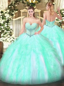 Hot Selling Apple Green Lace Up Quinceanera Gowns Beading and Ruffles Sleeveless Floor Length