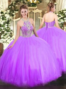 Superior Lilac Sleeveless Floor Length Beading Lace Up Quince Ball Gowns