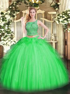 Floor Length Quinceanera Gown Tulle Sleeveless Beading and Ruffles