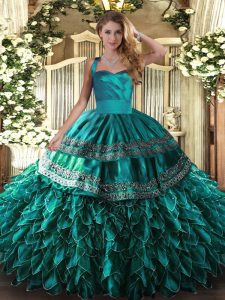 Best Turquoise Organza Lace Up Halter Top Sleeveless Floor Length Quinceanera Gowns Embroidery and Ruffles