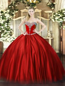 Chic Wine Red Lace Up Sweetheart Beading Ball Gown Prom Dress Satin Sleeveless
