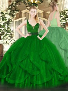 Floor Length Dark Green Sweet 16 Dresses Tulle Sleeveless Beading and Ruffles