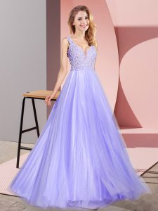 High Class Tulle V-neck Sleeveless Zipper Lace Prom Dress in Lavender