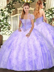 Superior Sleeveless Floor Length Appliques and Ruffles Lace Up 15 Quinceanera Dress with Lavender
