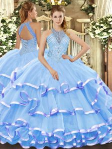 Amazing Aqua Blue Organza Lace Up 15th Birthday Dress Sleeveless Floor Length Beading and Ruffled Layers