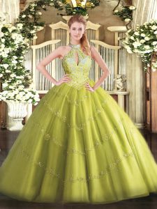Dazzling Yellow Green Lace Up Halter Top Beading 15 Quinceanera Dress Tulle Sleeveless