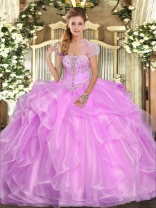Lilac Lace Up Vestidos de Quinceanera Appliques and Ruffles Sleeveless Floor Length