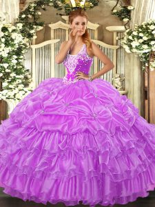 Cheap Lilac Ball Gowns Organza Straps Sleeveless Beading and Ruffled Layers and Pick Ups Floor Length Lace Up Quinceanera Dress
