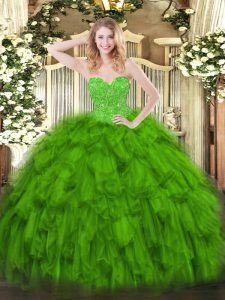 Sexy Green Organza Lace Up Vestidos de Quinceanera Sleeveless Floor Length Beading and Ruffles