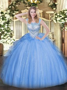 Custom Made Floor Length Blue Sweet 16 Dresses Tulle Sleeveless Beading