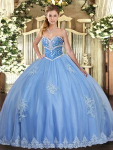 Blue Sleeveless Beading and Appliques Floor Length Sweet 16 Dress