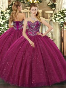 Dynamic Sleeveless Tulle Floor Length Lace Up Sweet 16 Dresses in Fuchsia with Beading
