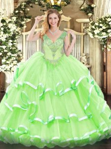 Low Price Ball Gowns V-neck Sleeveless Organza Floor Length Lace Up Beading and Ruffled Layers Quince Ball Gowns