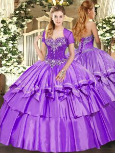 Lavender Ball Gowns Sweetheart Sleeveless Organza and Taffeta Floor Length Lace Up Beading and Ruffled Layers Ball Gown Prom Dress