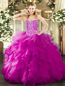 Fuchsia 15th Birthday Dress Military Ball and Sweet 16 and Quinceanera with Beading and Ruffles Sweetheart Sleeveless Lace Up