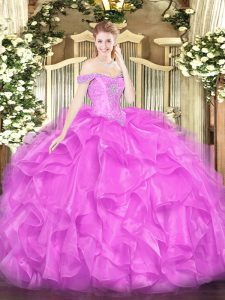 Dramatic Lilac Organza Lace Up Sweet 16 Dress Sleeveless Floor Length Beading and Ruffles