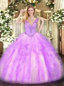 On Sale Lilac Lace Up V-neck Beading and Ruffles Sweet 16 Dresses Organza Sleeveless