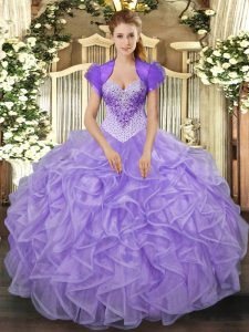 Fashion Sweetheart Sleeveless 15 Quinceanera Dress Floor Length Beading and Ruffles Lavender Organza