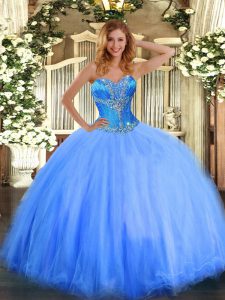 Affordable Blue Tulle Lace Up Sweetheart Sleeveless Floor Length Quinceanera Dresses Beading