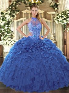 High Class Sleeveless Floor Length Beading and Embroidery and Ruffles Lace Up Quinceanera Gowns with Blue