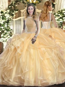 Excellent Sleeveless Organza Floor Length Lace Up Quinceanera Gown in Champagne with Beading and Ruffles