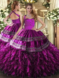 Pretty Satin and Organza Halter Top Sleeveless Lace Up Embroidery and Ruffles 15th Birthday Dress in Fuchsia
