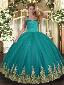 Sleeveless Tulle Floor Length Lace Up Sweet 16 Dresses in Turquoise with Appliques