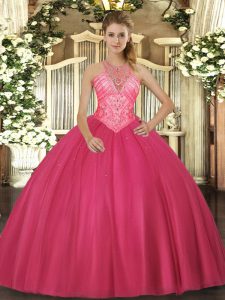 Extravagant High-neck Sleeveless Tulle Quinceanera Dress Beading Lace Up