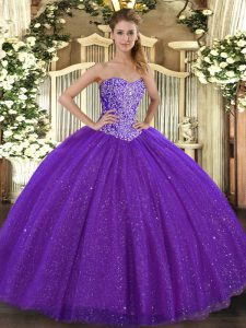 Shining Purple Sleeveless Floor Length Beading Lace Up Sweet 16 Quinceanera Dress