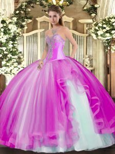Sumptuous Fuchsia Tulle Lace Up Sweetheart Sleeveless Floor Length 15 Quinceanera Dress Beading and Ruffles