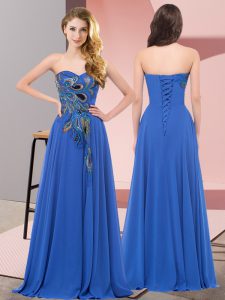 Blue Lace Up Homecoming Dress Embroidery Sleeveless Floor Length