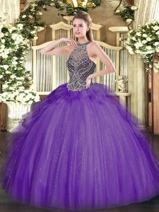 Elegant Halter Top Sleeveless Lace Up 15 Quinceanera Dress Lavender Tulle
