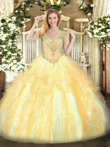 Pretty Gold Sleeveless Organza Lace Up Sweet 16 Quinceanera Dress for Military Ball and Sweet 16 and Quinceanera