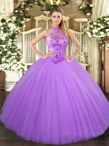 Hot Sale Lavender Halter Top Lace Up Beading and Embroidery Ball Gown Prom Dress Sleeveless