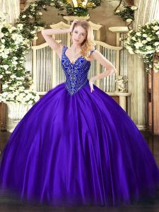 Purple Satin Lace Up 15th Birthday Dress Sleeveless Floor Length Beading
