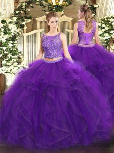 Pretty Floor Length Two Pieces Sleeveless Purple Sweet 16 Quinceanera Dress Lace Up