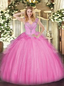Floor Length Lace Up Quinceanera Dress Rose Pink for Military Ball and Sweet 16 and Quinceanera with Beading