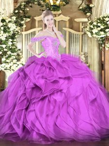 Floor Length Lilac Quinceanera Gowns Organza Sleeveless Beading and Ruffles