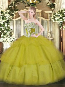 Olive Green Lace Up Strapless Beading and Ruffled Layers Quinceanera Gowns Tulle Sleeveless
