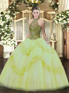 Spectacular Light Yellow Lace Up 15th Birthday Dress Beading and Appliques Sleeveless Floor Length