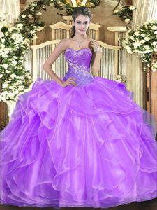 Sweet Sleeveless Organza Floor Length Lace Up Quinceanera Gown in Lilac with Beading and Ruffles