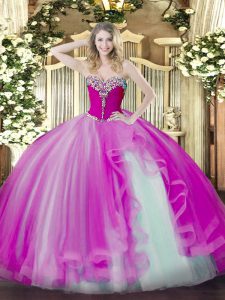 Ideal Floor Length Fuchsia Sweet 16 Dresses Sweetheart Sleeveless Lace Up